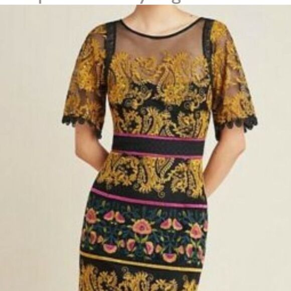 Anthropologie Jacguin Embroidered Elegant Black Gold Lace Midi Dress Size 2 - Picture 2 of 13